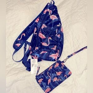 NWT Vera Bradley Mini Sling Backpack + wristlet Flamingo Party